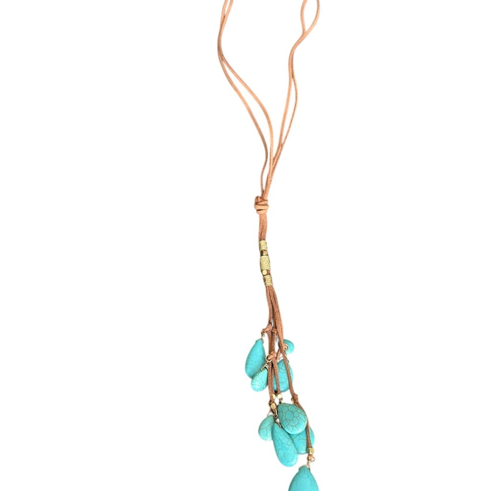 Boho Suede Cord Tassel Necklace with Turquoise Teardrop Beads – 20”‎ Adjustable
